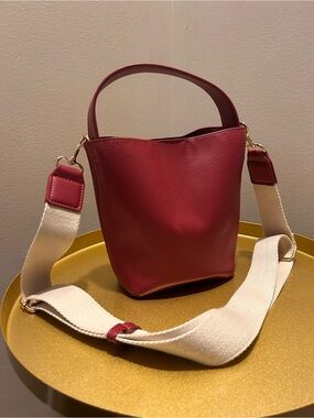 Red Faux Leather Bucket Bag with Adjustable Canvas Strap